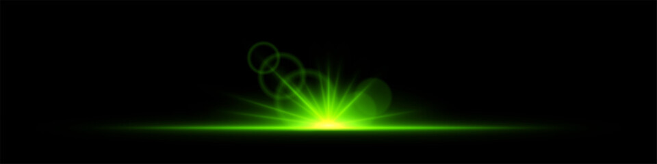 Glowing green light burst on a dark background. Bright neon explosion with radiant beams, circular bokeh, and energy flare. Abstract illumination with vibrant glow and futuristic effect.