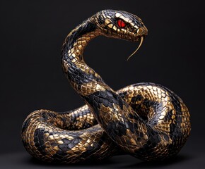 Fototapeta premium Golden scales red eyes: snake coiled in darkness