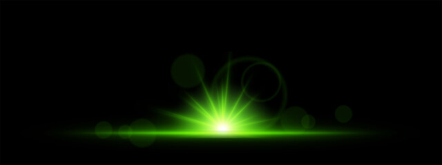 Glowing green light burst on a dark background. Bright energy explosion with radiant beams, circular bokeh, and neon flare. Abstract illumination with futuristic glow and dynamic effect.