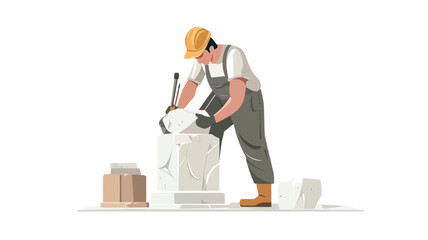 The illustration depicts a male stone carver wearing a yellow hard hat and green overalls. He is using a hammer and chisel to shape a block of light-colored stone.  The background is white, and
