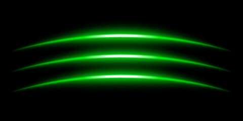 Abstract glowing green light streaks dark background. Three curved energy lines with a bright neon effect create a futuristic and dynamic composition. Illumination with smooth gradients motion blur