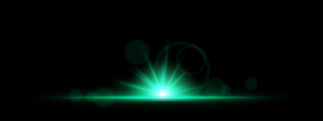 Glowing green light burst on a dark background. Bright energy explosion with radiant beams, circular bokeh, and neon flare. Abstract illumination with futuristic glow and dynamic effect.