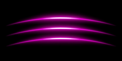 Abstract glowing purple light streaks dark background. Three curved energy lines with a bright neon effect create a futuristic and dynamic composition. Illumination with smooth gradients motion blur