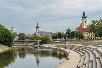 View of the Hungarian city of Győr with the Raba River, Central Europe, Hungary. 