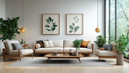 minimalist living room featuring light wood furniture, plants, and natural light. space is inviting and serene, perfect for relaxation and comfort