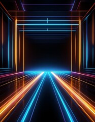 Sleek black background with neon glowing lines forms subtle grid. Modern & techy. Ideal for tech backgrounds, digital designs & futuristic overlays.

