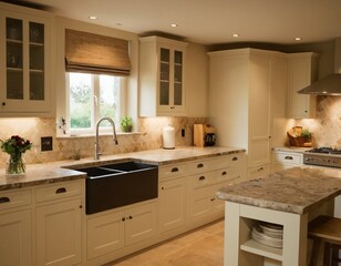 Fototapeta premium Light home kitchen interior with stone island, sink and cooking cabinet