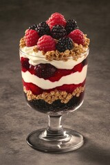 Delicious layered dessert with vibrant berries, creamy texture,