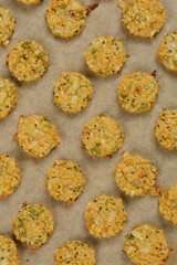 A top-down shot of baked soy patties arranged on parchment paper, showcasing their golden-brown color and textured surface