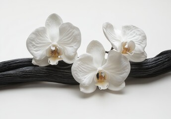 Fototapeta premium Elegant White Orchid Flowers on Dark Wooden Branch Arrangement for Home Decor, Wellness, and Nature Inspired Designs Beautiful View