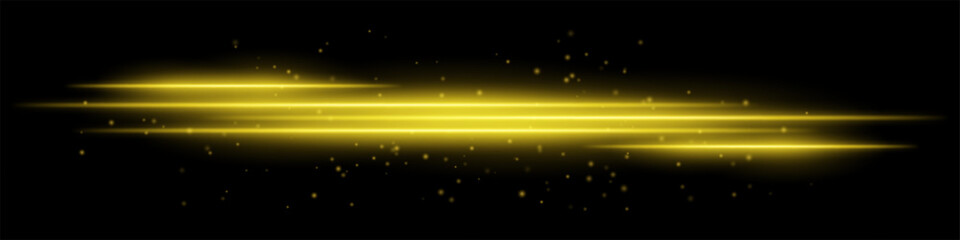 Fototapeta premium Abstract glowing yellow light streaks on a dark background. Multiple parallel neon beams with radiant flare, motion blur, and scattered particles create a futuristic and dynamic energy effect