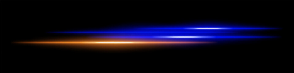 Abstract glowing blue and orange light streaks dark background. Parallel neon beams with radiant flare and motion blur create a futuristic speed energy effect. Smooth illumination sci-fi aesthetic