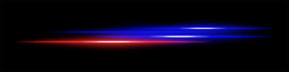 Abstract glowing blue and orange light streaks dark background. Parallel neon beams with radiant flare and motion blur create a futuristic speed energy effect. Smooth illumination sci-fi aesthetic