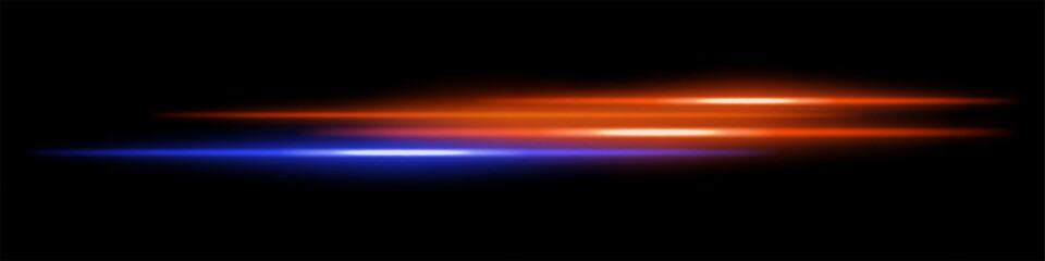 Abstract glowing blue and orange light streaks dark background. Parallel neon beams with radiant flare and motion blur create a futuristic speed energy effect. Smooth illumination sci-fi aesthetic