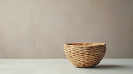 A simple woven basket sits on a light surface against a muted background, highlighting its natural texture and form.
