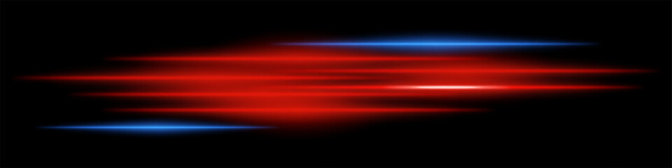 Abstract glowing blue and red light streaks on a dark background. Multiple parallel neon beams with motion blur and radiant flare create a futuristic speed and energy effect