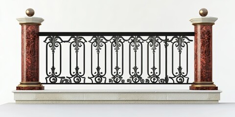 Fototapeta premium Elegant palace-style iron railing with red granite pillars and glossy black details