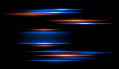 Abstract glowing orange and blue light streaks on a dark background. Multiple parallel neon beams with motion blur and radiant flare create a futuristic speed and energy effect