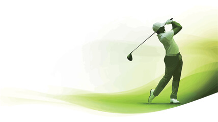 The image is a stylized illustration of a golfer in the midst of a powerful golf swing.  The golfer is depicted from the side, facing right. The figure is rendered in shades of green and white,