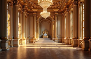 Obraz premium Luxurious palace interior featuring columns, chandeliers, royal throne. Baroque architecture, gold decorations create rich historical setting. Light from windows enhances elegant vintage ballroom