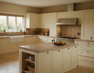 Fototapeta premium Light home kitchen interior with stone island, sink and cooking cabinet