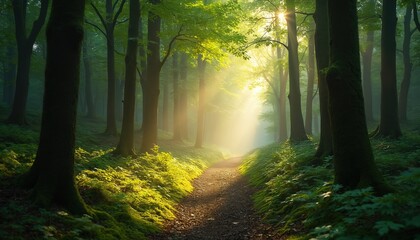 Obraz premium Sunlight filters through dense trees illuminating forest path. Scenic nature, green moss, fallen leaves cover timberland. Serene tranquil sunbeams create sun rays, shadows. Wilderness foliage, flora,