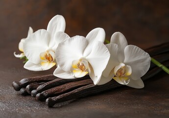 Fototapeta premium Elegant White Orchids on Dark Rustic Background with Vanilla Pods Creating a Serene and Relaxing Atmosphere for Nature and Floral Photography