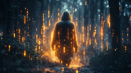 Mysterious hooded figure surrounded by glowing digital matrix rain effect with binary code fragments scattered across dark atmospheric scene symbolizing cyber security encryption and digital secrecy

