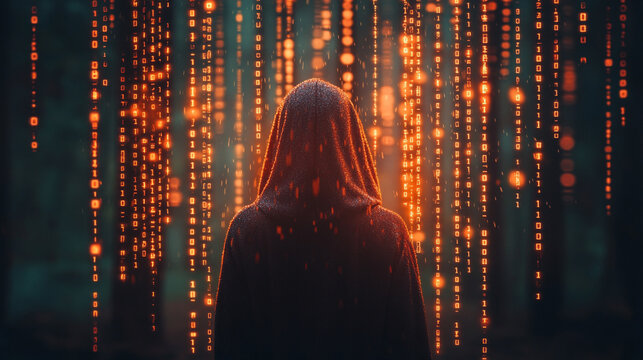 Mysterious hooded figure surrounded by glowing digital matrix rain effect with binary code fragments scattered across dark atmospheric scene symbolizing cyber security encryption and digital secrecy

