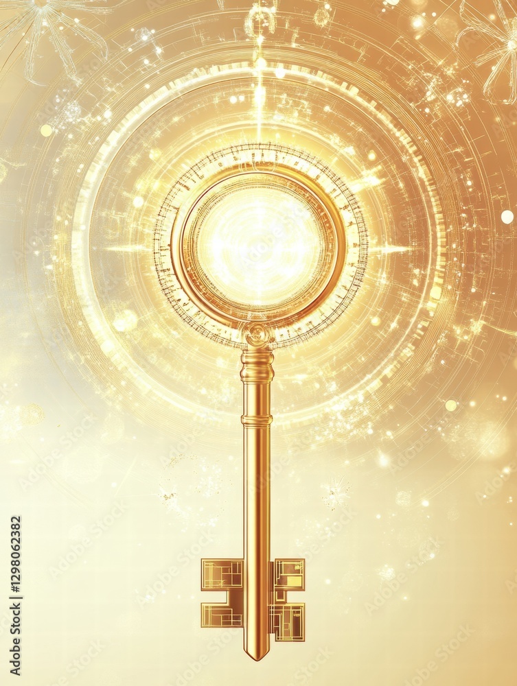 Fototapete golden key surrounded by radiant light with intricate designs in a mystical setting capturing attent