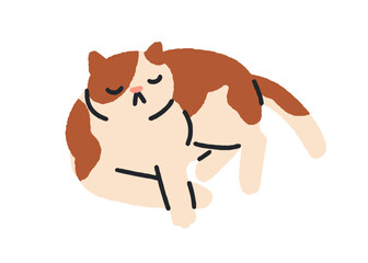 Cute sleeping cat. Adorable feline animal lying down asleep. Relaxing sleepy kitty, calm peaceful pet napping, dreaming with funny expression. Flat vector illustration isolated on white background