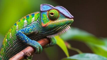 Obraz premium Colorful Chameleon gripping a branch its vibrant skin shifting through brilliant shades of green blue and yellow bulging eyes scanning its surroundings