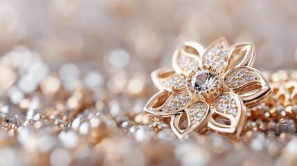 Fototapeta premium Golden flower diamond pendant, shiny background, luxury jewelry