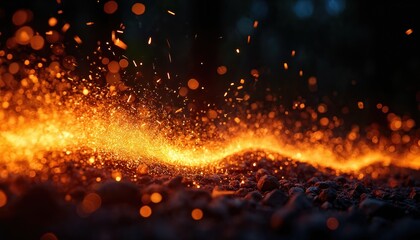 Long exposure shot of fire sparks blur into fiery motion. Capturing energy of campfire against black background. Sparks glitter on ground in night darkness. Fire flame design element.