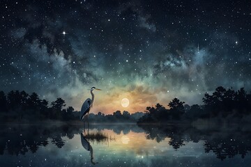 Low-angle shot of a heron against a starry night sky in watercolor style