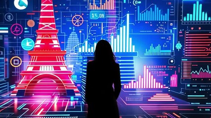 A silhouetted figure in front of a neon cityscape with data visuals. - Powered by Adobe