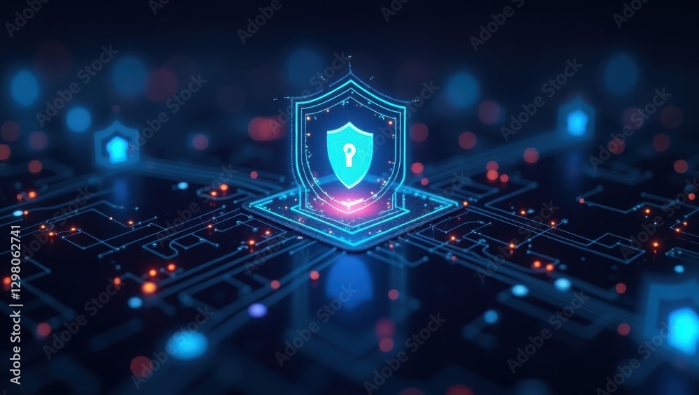 Poster ot security. image shows computer circuit with shield on top