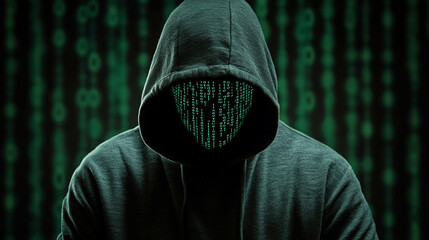 Mysterious hooded figure surrounded by glowing digital matrix rain effect with binary code fragments scattered across dark atmospheric scene symbolizing cyber security encryption and digital secrecy

