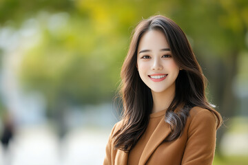 Smiling woman with long hair in brown coat, outdoors, sunny day, green background, joyful expression, natural light, portrait photography, casual style