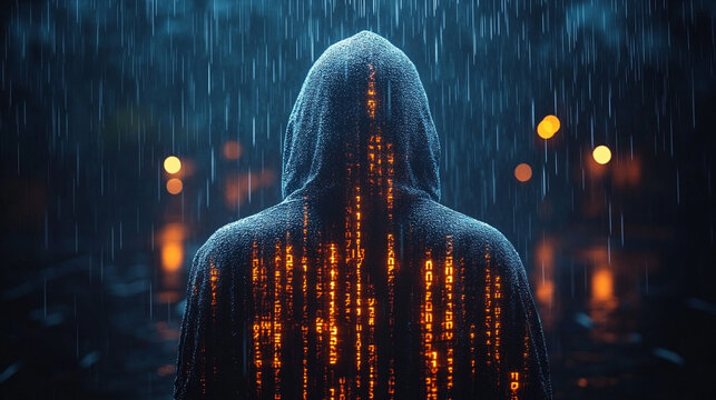 Mysterious hooded figure surrounded by glowing digital matrix rain effect with binary code fragments scattered across dark atmospheric scene symbolizing cyber security encryption and digital secrecy

