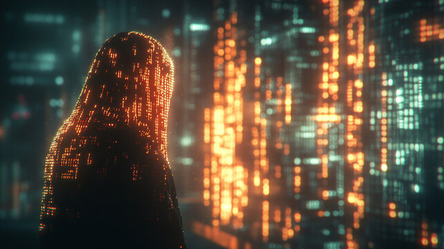 Mysterious hooded figure surrounded by glowing digital matrix rain effect with binary code fragments scattered across dark atmospheric scene symbolizing cyber security encryption and digital secrecy

