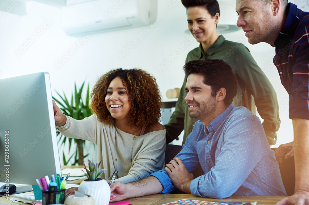 Poster computer, creative and pointing with business people in office for planning or project management. c