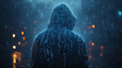 Mysterious hooded figure surrounded by glowing digital matrix rain effect with binary code fragments scattered across dark atmospheric scene symbolizing cyber security encryption and digital secrecy

