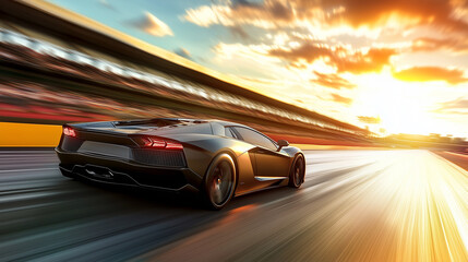 Red sports car racing at high speed on a drag strip, showcasing the thrill of competition and the pursuit of performance excellence.