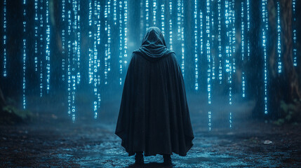 Mysterious hooded figure surrounded by glowing digital matrix rain effect with binary code fragments scattered across dark atmospheric scene symbolizing cyber security encryption and digital secrecy

