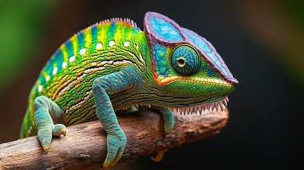 Obraz premium Colorful Chameleon gripping a branch its vibrant skin shifting through brilliant shades of green blue and yellow bulging eyes scanning its surroundings
