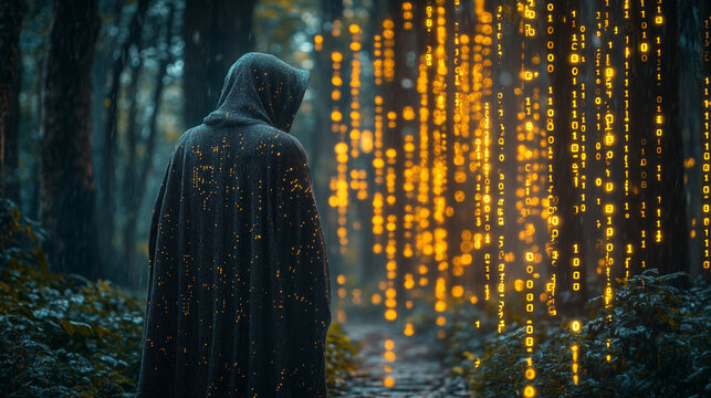 Mysterious hooded figure surrounded by glowing digital matrix rain effect with binary code fragments scattered across dark atmospheric scene symbolizing cyber security encryption and digital secrecy

