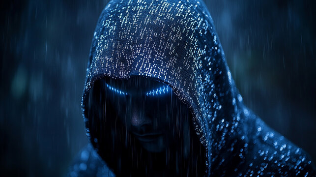Mysterious hooded figure surrounded by glowing digital matrix rain effect with binary code fragments scattered across dark atmospheric scene symbolizing cyber security encryption and digital secrecy

