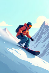 Snowboarder sliding down the mountain slope on his board. Vector style.