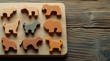 Wooden Animal Shapes on Bamboo Board for Educational Playtime
